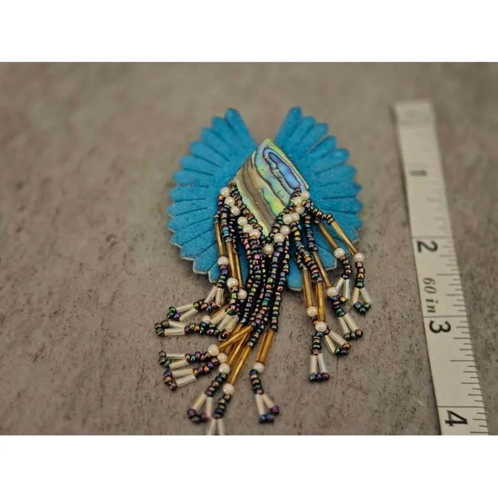 Handmade Beaded Fringe Brooch Abalone Shell Turquoise Suede Boho Statement Pin